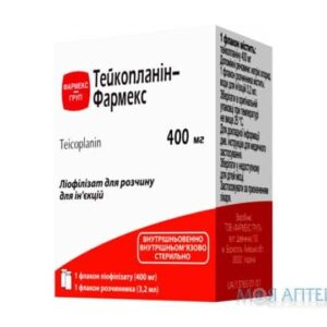 Teicoplanin-Farmex (teicoplanin) lyophilisate for solution for injection 400 mg. vial №1 + solvent 3.2 ml.