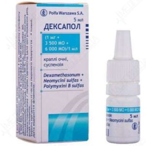 Dexapol (dexamethasone, neomycin sulfate) eye drops (1 mg. +3500 IU +6000 IU)/1 5 ml. vial