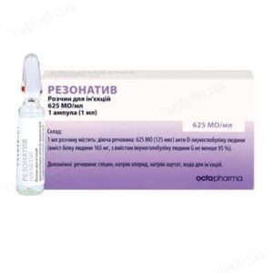 Rezonativ (anti-d human immunoglobulin) solution for injections 625 IU/ml. 1 ml. ampoule №1